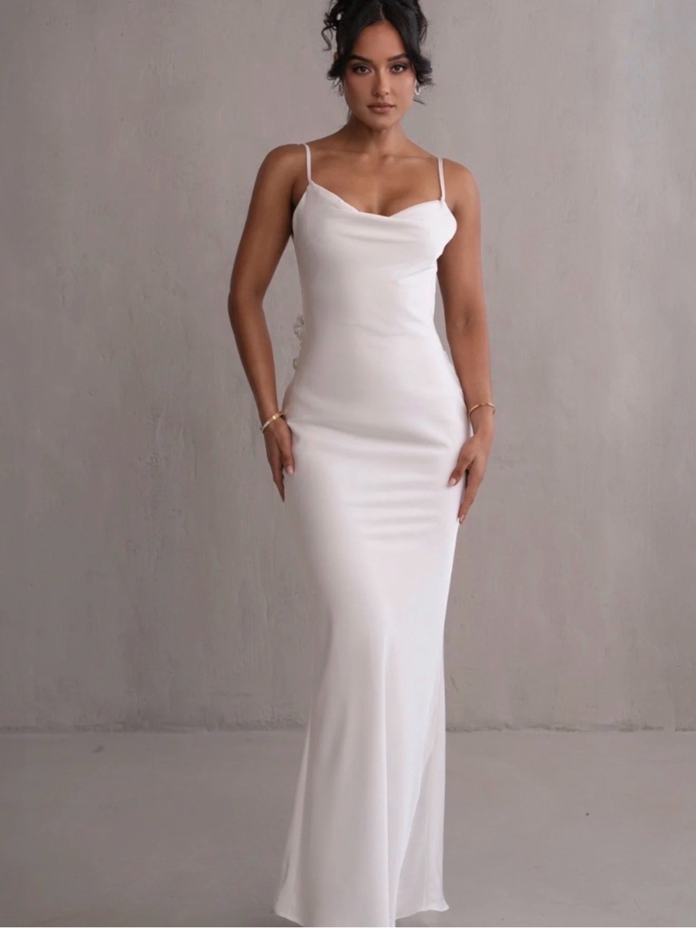 JLUXLABEL White Satin Cowl Neck Maxi Dress